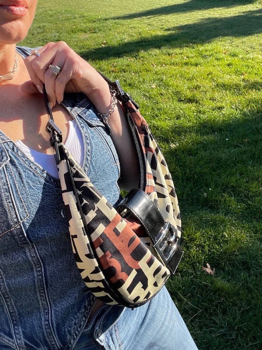 Fendi Monogram Hobo Shoulder Bag in Black, White & Burgundy